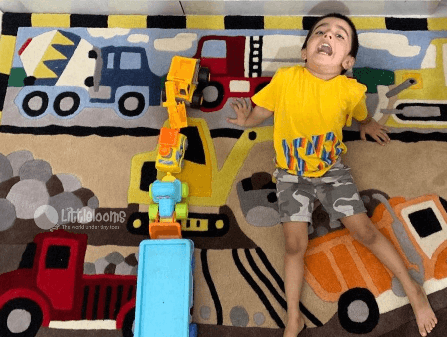 kids rugs, carpet for kids, rugs for boys, rugs for playing, handmade rugs, construction kids carpet, woolen rugs